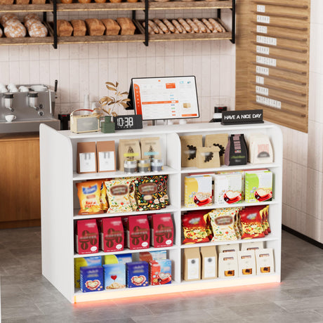 SDMY Reception Desk with Counter for Retail & Checkout,Modern Front Desk Reception Room Table with Outer Display Rack, 47.7 inch Retail Counter with Lights for Market, Office, Fruit Shop,White SDMY