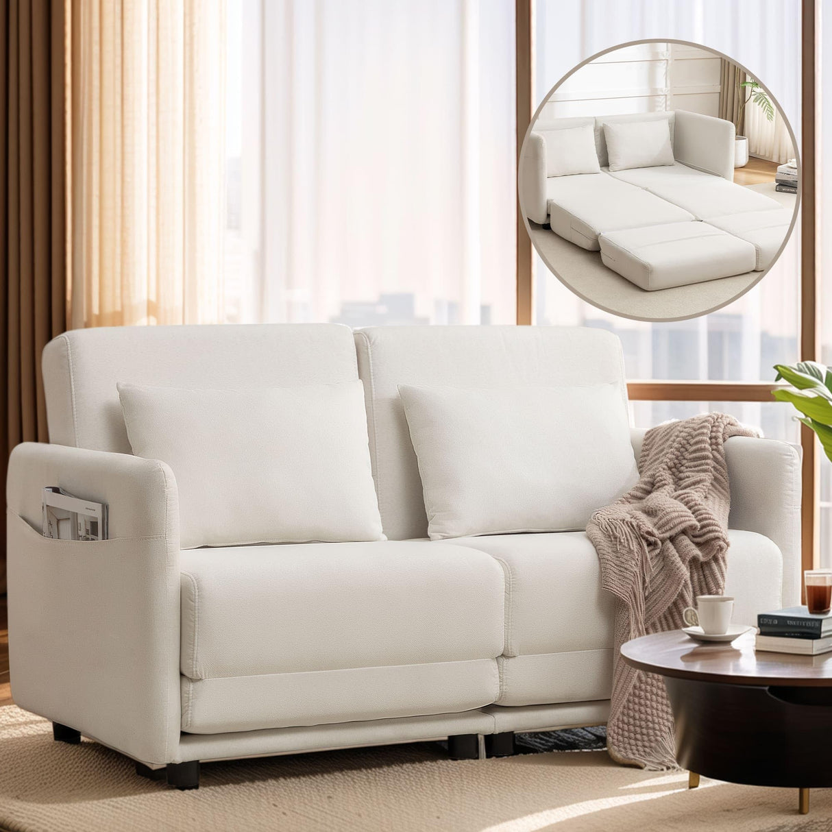 Korser 56.3" W x 74.8" L Small Full Size Pull Out Couch, Loveseat Sleeper with Side Pockets, Foldable Floor Sofa Bed with Breathable & Washable Cover, Futon Couch for Living Room or Bedroom, White Korser