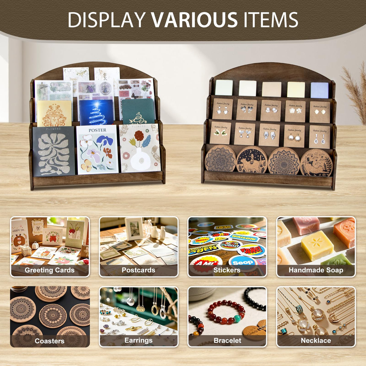 PUERSI Greeting Card Display Stand Holder - 4-Tier Wooden Organizer Rack for Retail Stores, Postcards, Stickers & Stationery Vendors Brown PUERSI