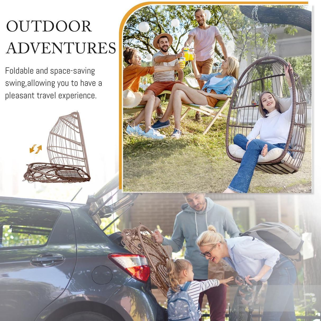 BULEXYARD Hanging Egg Chair Without Stand 350lbs Capacity, Brown Wicker Swing Egg Chair with Beige Cushion for Indoor/Outdoor Patio Porch Balcony, Foldable Hammock & Tree/Ceiling/Beam Mount BULEXYARD