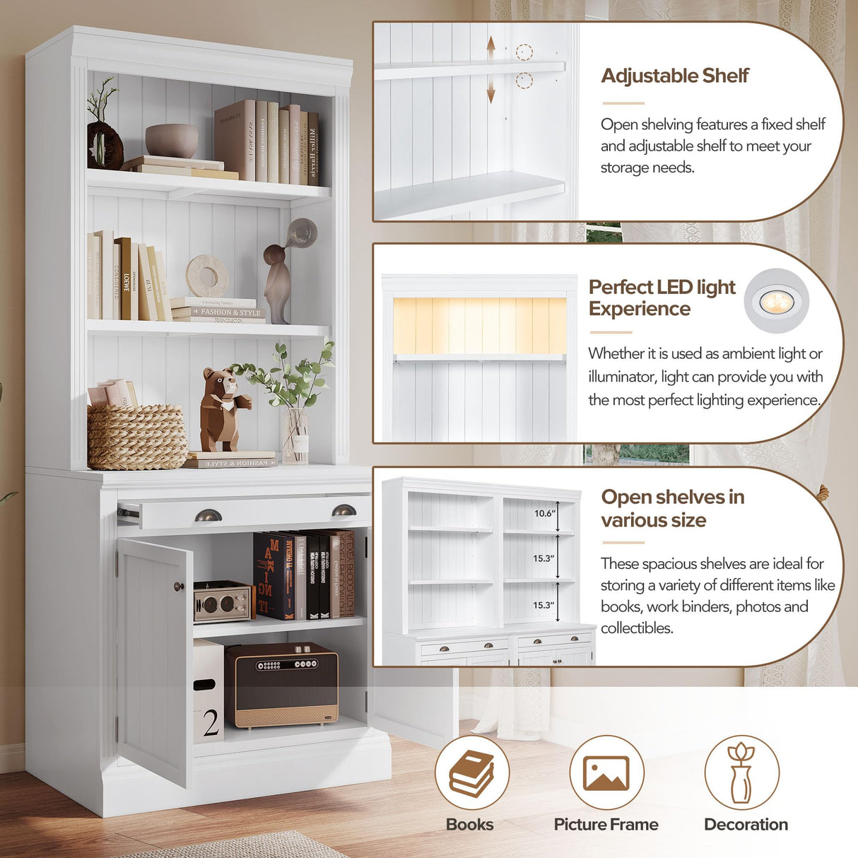 Linique Modern Tall Bookshelf with LED Light, Drawer & Open Shelves for Versatile Storage - White Linique