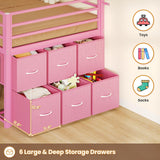 BTHFST Low Loft Bed Twin Size with 6 Storage Drawers, LED Lights, 2 Tier Storage Shelves, Kids Metal Loft Bed with 15" H Stairs & Safety Guardrail, Spave Saving, Pink BTHFST
