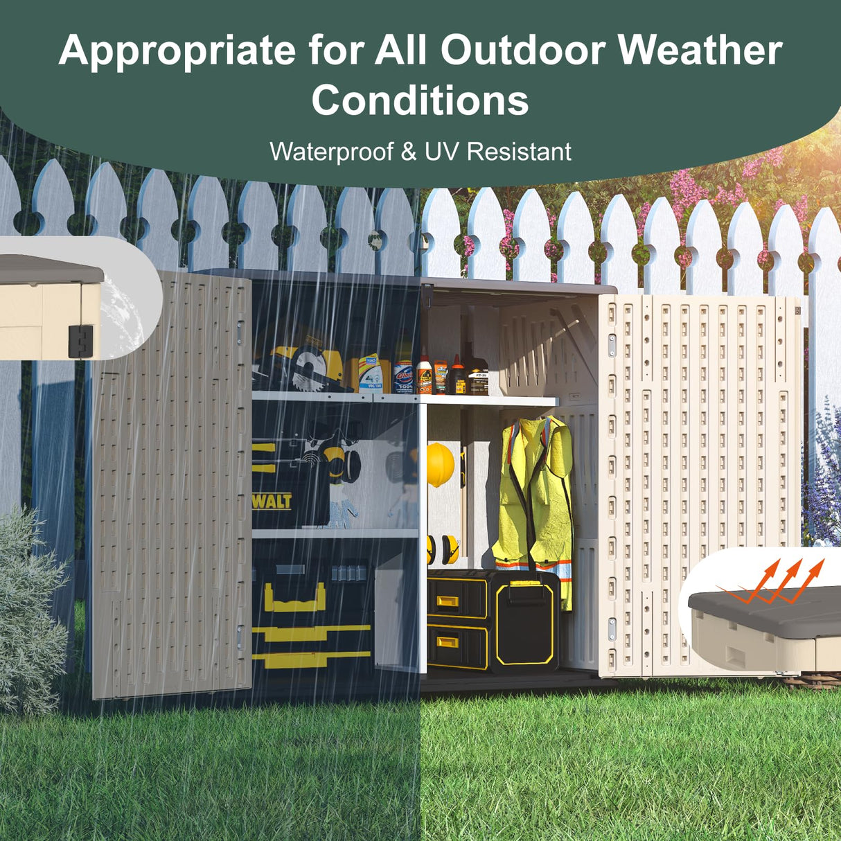 IWDOO 30 Cu.Ft Outdoor Storage Shed, Multi-Purpose Weather-Resistant Utility Shed for Garbage Cans, Lawn Mower, Garden Tools, Waterproof Resin Horizontal Cabinet with Pad-Lockable Doors (Khaki) IWDOO