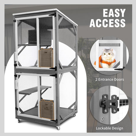 GEGURI Large Cat House Outdoor Catio Enclosure, Indoor Wooden Kitten Cage with Upgraded Resting Box, Waterproof Roof GEGURI
