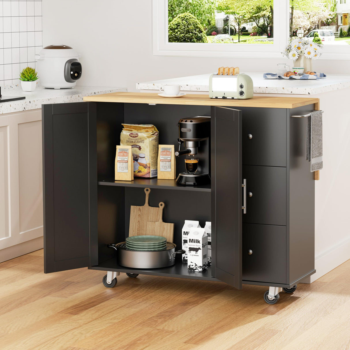 Shintenchi Kitchen Island with Folding Drop Leaf, Rolling Island Table with Storage, Kitchen Cabinet on Wheels with Seating Area for Kitchen, Bar Cart with Cabinet, Black Shintenchi