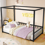 Bellemave Canopy Floor Bed with 4 Posters, Metal Twin Size Montessori Floor Bed with High Fence, Anti Bump Design, Easy Assemble Montessori Beds, Twin, Black Bellemave
