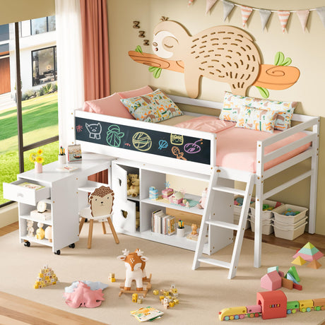 TOLEAD Low Loft Bed with Desk, Solid Wood Twin Low Loft Bed with Storage Cabinet, Blackboard, Ladder and Guardrail for Kids Juniors Boys Girls, No Box Spring Needed, White TOLEAD