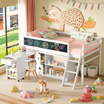 TOLEAD Low Loft Bed with Desk, Solid Wood Twin Low Loft Bed with Storage Cabinet, Blackboard, Ladder and Guardrail for Kids Juniors Boys Girls, No Box Spring Needed, White