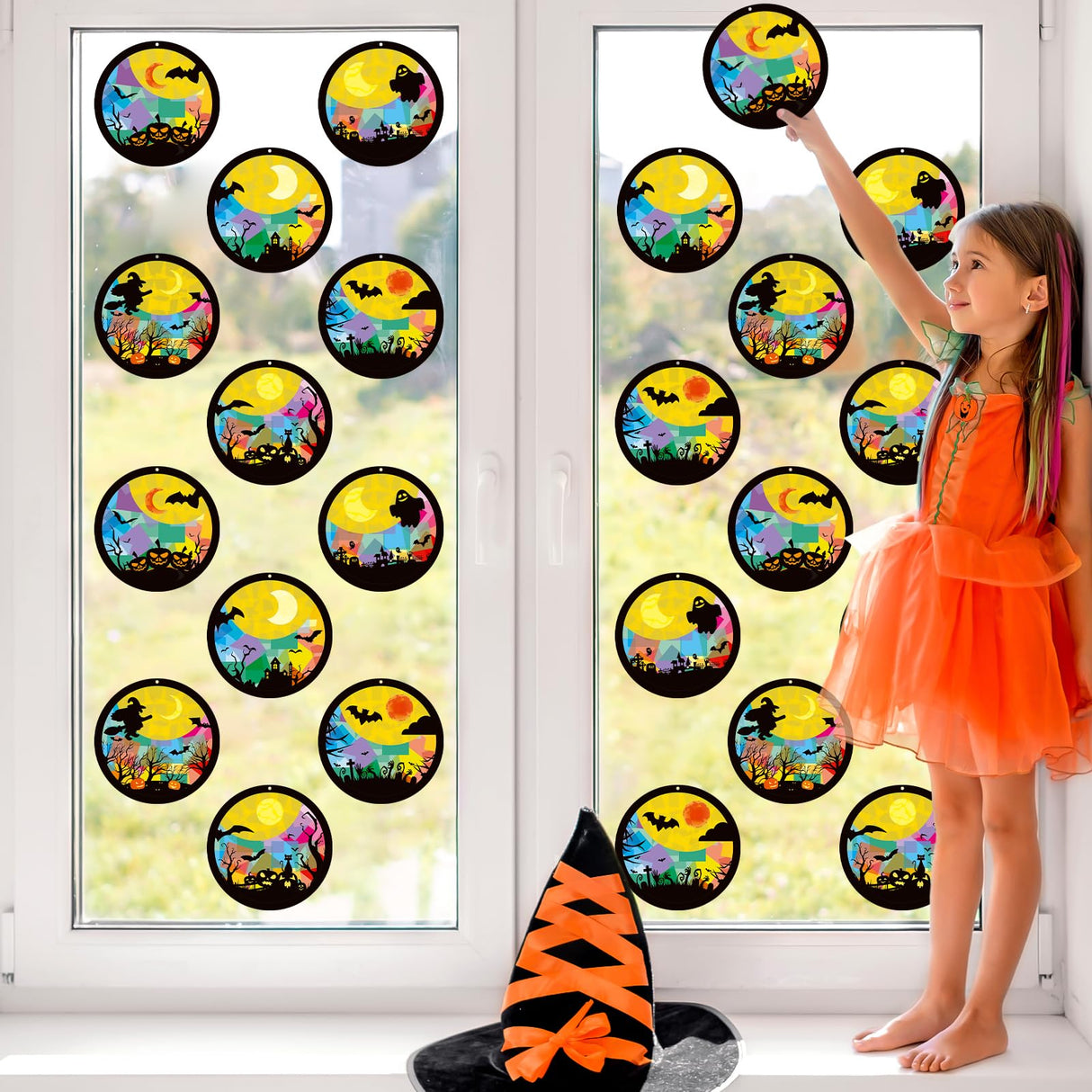 TENDFINE 24 Sets Halloween Night Suncatcher Craft Kit DIY Bat Ghost Tissue Sign Paper Art Craft Activity Halloween Ornament Home Classroom Window Decoration TENDFINE