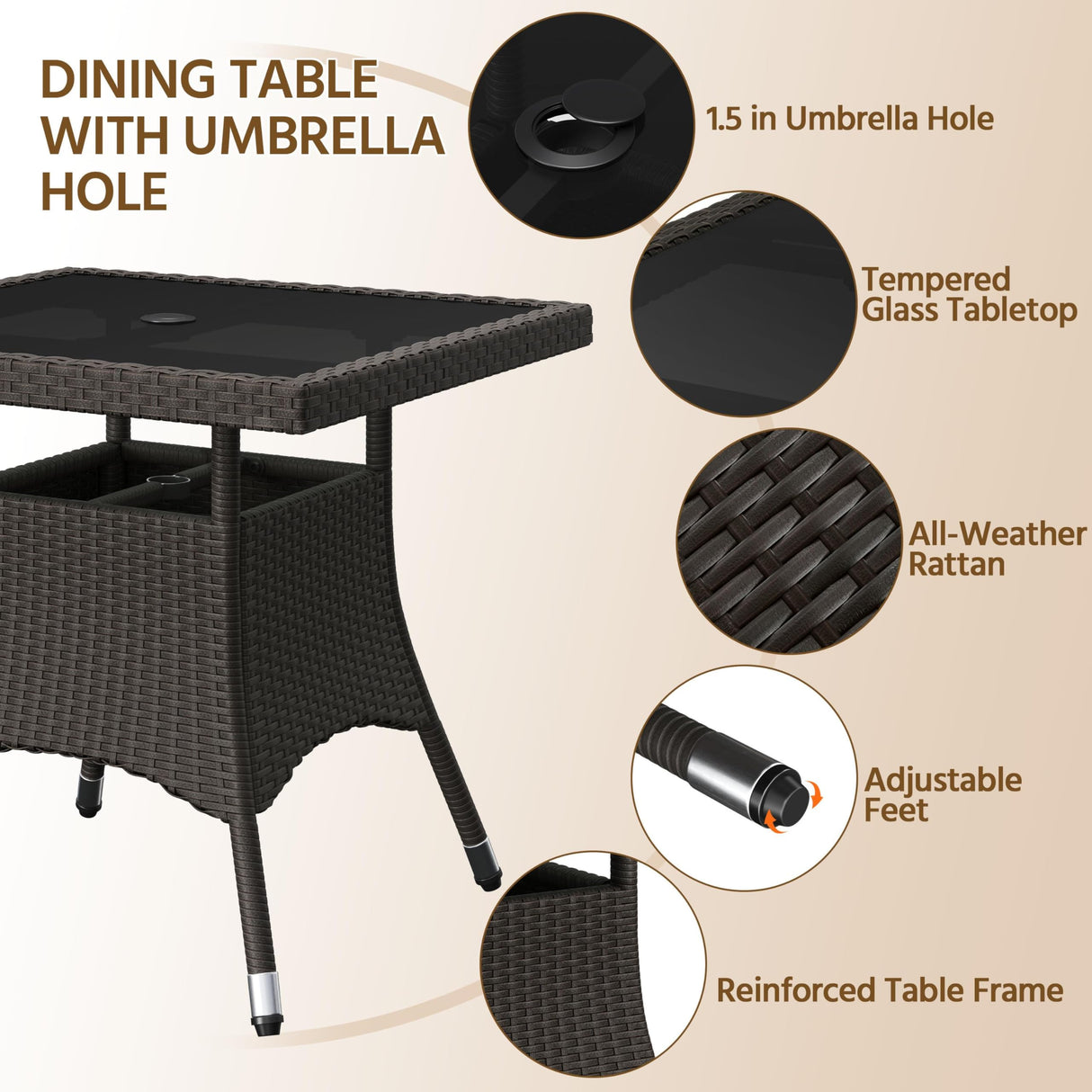 Yaheetech 5-Piece Patio Furniture Set, Outdoor Rattan 4 Dining Chairs & Tempered Glass Table with Umbrella Hole, for Garden Backyard Deck Balcony, Brown/Beige Yaheetech