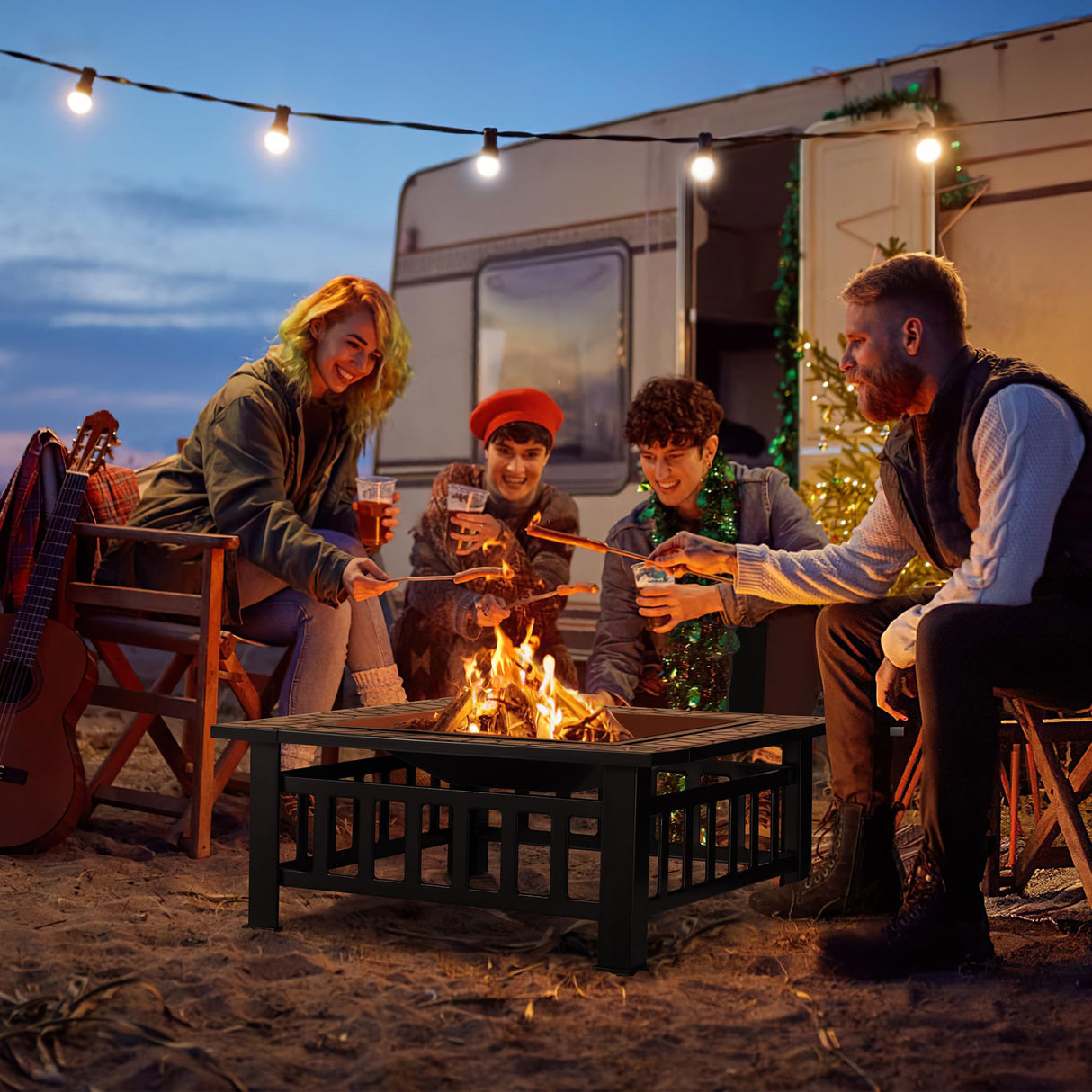 Devoko 32 inch Metal Outdoor Fire Pit Table Multiuse Square Patio BBQ Firepit with Spark Screen Lid and Waterproof Cover for Camping, Outside Wood Burning and Picnic Black Devoko