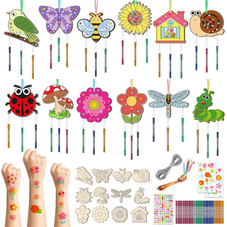 12 Pack Wind Chime Kit for Kids Make Your Own Wind Chime DIY Wood Arts and Crafts Decorative Coloring Wooden Hanging Ornaments for Girls Boys Home School Activity Party Supplies(Spring Flower Animal) TREACLUB