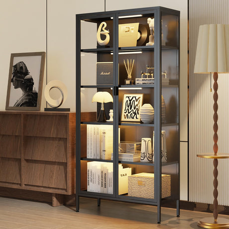 Eltean 71" H Display Cabinet with Glass Doors, 5 Tiers Curio Glass Display Cabinet with 3 Colors LED Sensor Light,Display Cabinets for Collectible with 4 Adjustable Shelves for Living Room,Bedroom Eltean