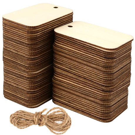 JAPCHET 200 PCS Wood Gift Tags Blank, 2.24 x 1.26 Inch Unfinished Wood Tags with Hole and 65 FT Hemp Rope, Blank Wood Tags for Hanging, DIY Craft and Home Decoration JAPCHET