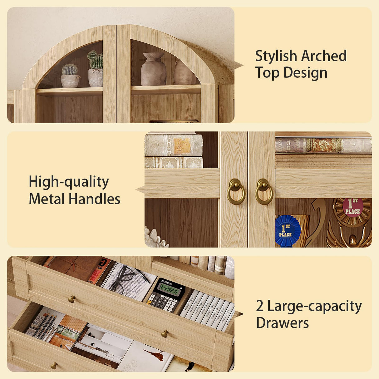 UKAOCAI 72.4" Tall Farmhouse Display Cabinet with Glass Doors,Large Wood Bookshelf with 2 Drawers & Adjustable Shelves,Arched Kitchen Pantry,for Living Room, Dining Room, Kitchen UKAOCAI