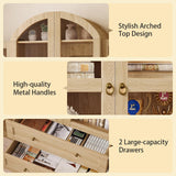 UKAOCAI 72.4" Tall Farmhouse Display Cabinet with Glass Doors,Large Wood Bookshelf with 2 Drawers & Adjustable Shelves,Arched Kitchen Pantry,for Living Room, Dining Room, Kitchen UKAOCAI