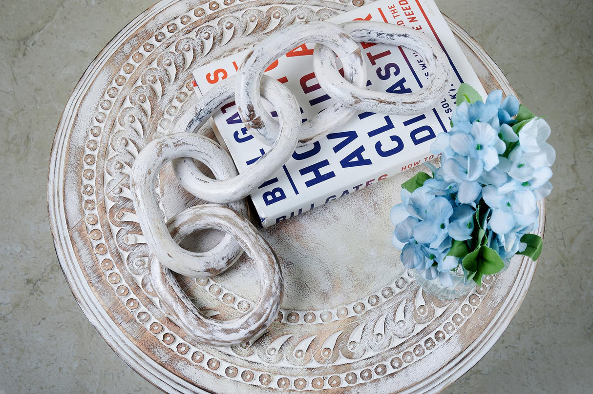 Wood Chain Link Decor Hand Carved 5-Link Wood Knot Decorative Chain, Rustic Wood Link Decorative Object Large Wooden Chain for Home Living Room Coffee Table Farmhouse White Eximious India