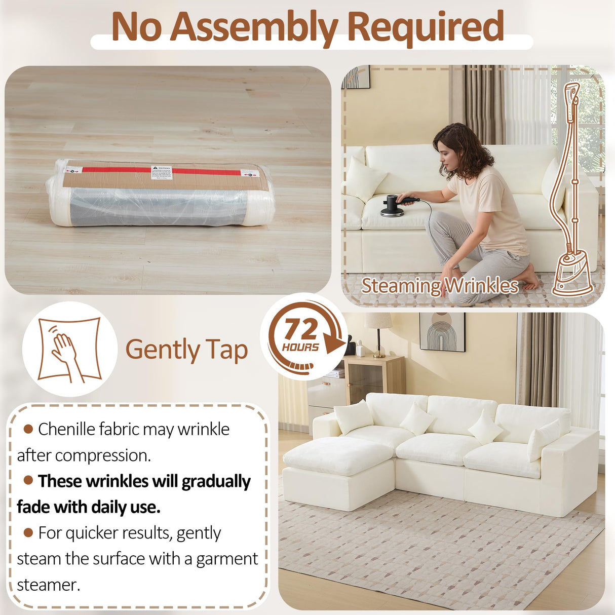 115''Cloud Boneless Sectional Couch, Modular Sectional Sofa Deep Seat with Ottoman, Oversized Upholstered Convertible Comfy 4 Seater Chenille Sofa L Shape Couches for Living Room, Beige WUTUTUEE