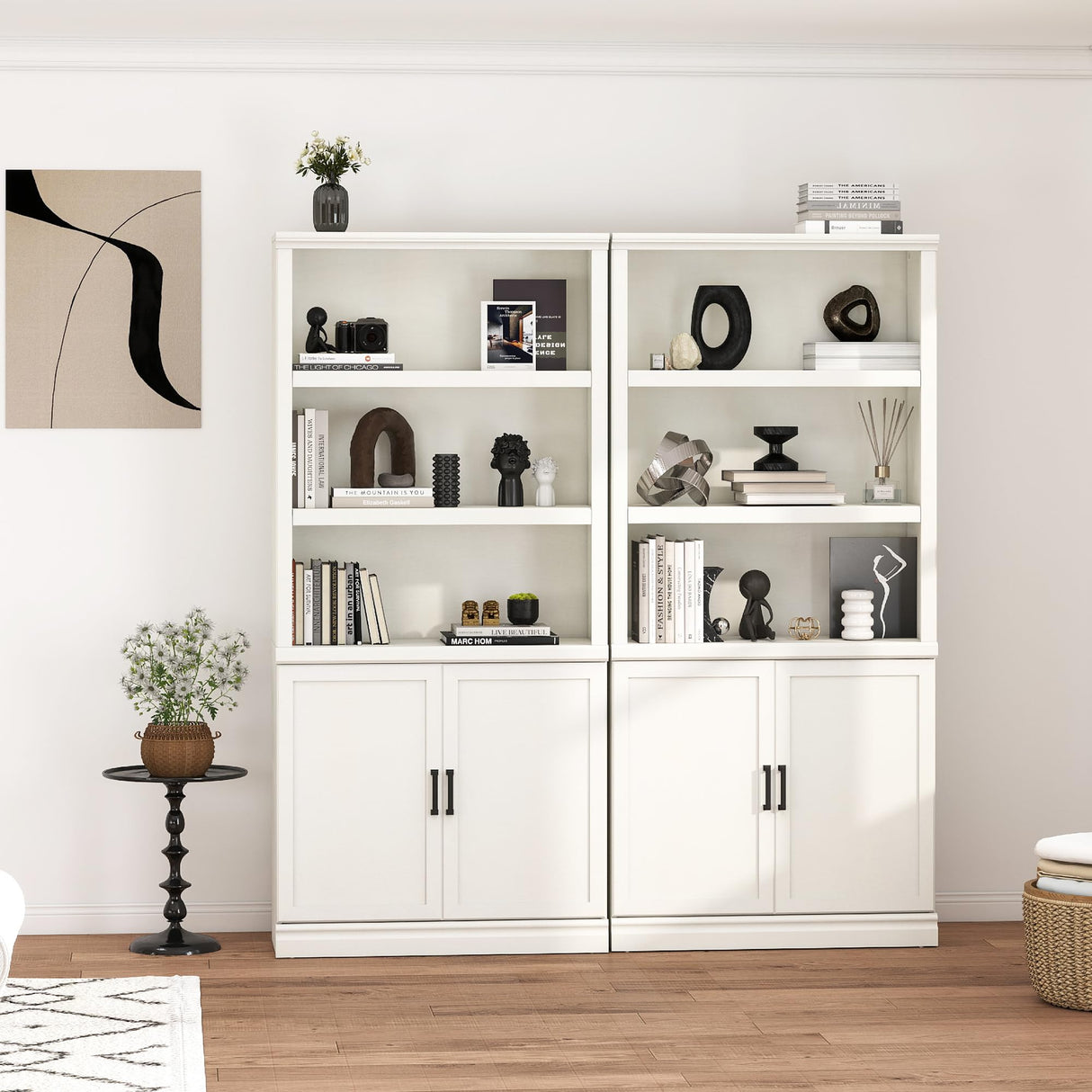 blini 5 Shelf Tall Bookcase with Doors White Bookshelf 31in Wide Display Standing Storage Shelf 72in Tall Wood Book Shelves for Bedroom Living Room Office Library blini