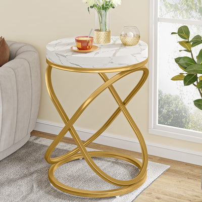 Tribesigns 26 Inches White and Gold Faux Marble Top End Tables Living Room, Round Nightstands Sofa Side Table with Double X-Shaped Ring Unique Design for Bedroom