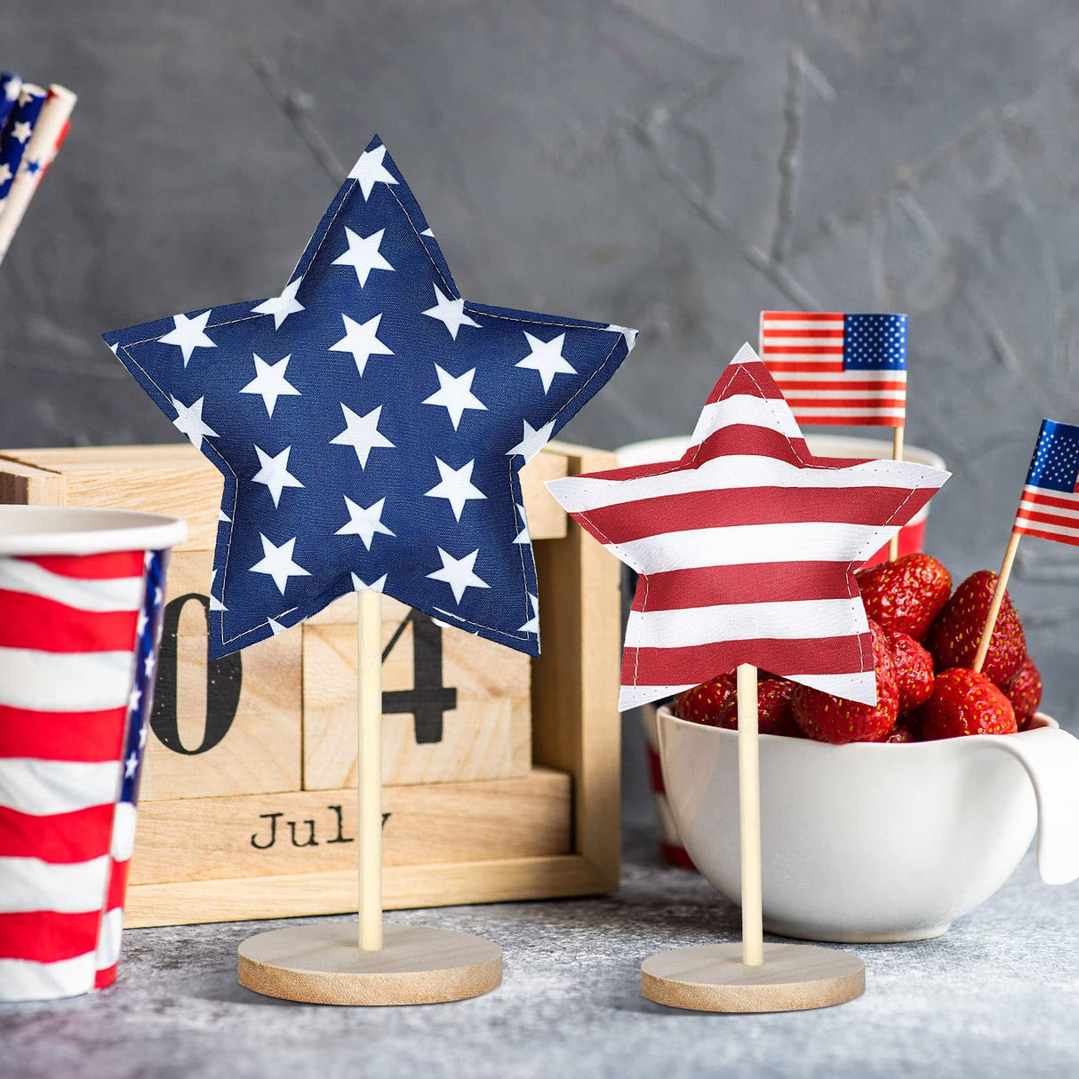Bucherry 5 Set 4th of July Decoration Patriotic Fabric Star Ornaments Independence Day Wood Sign Star Wooden Stand Memorial Labor Day Tiered Tray Decor American Table Decor(Classic Style) Bucherry