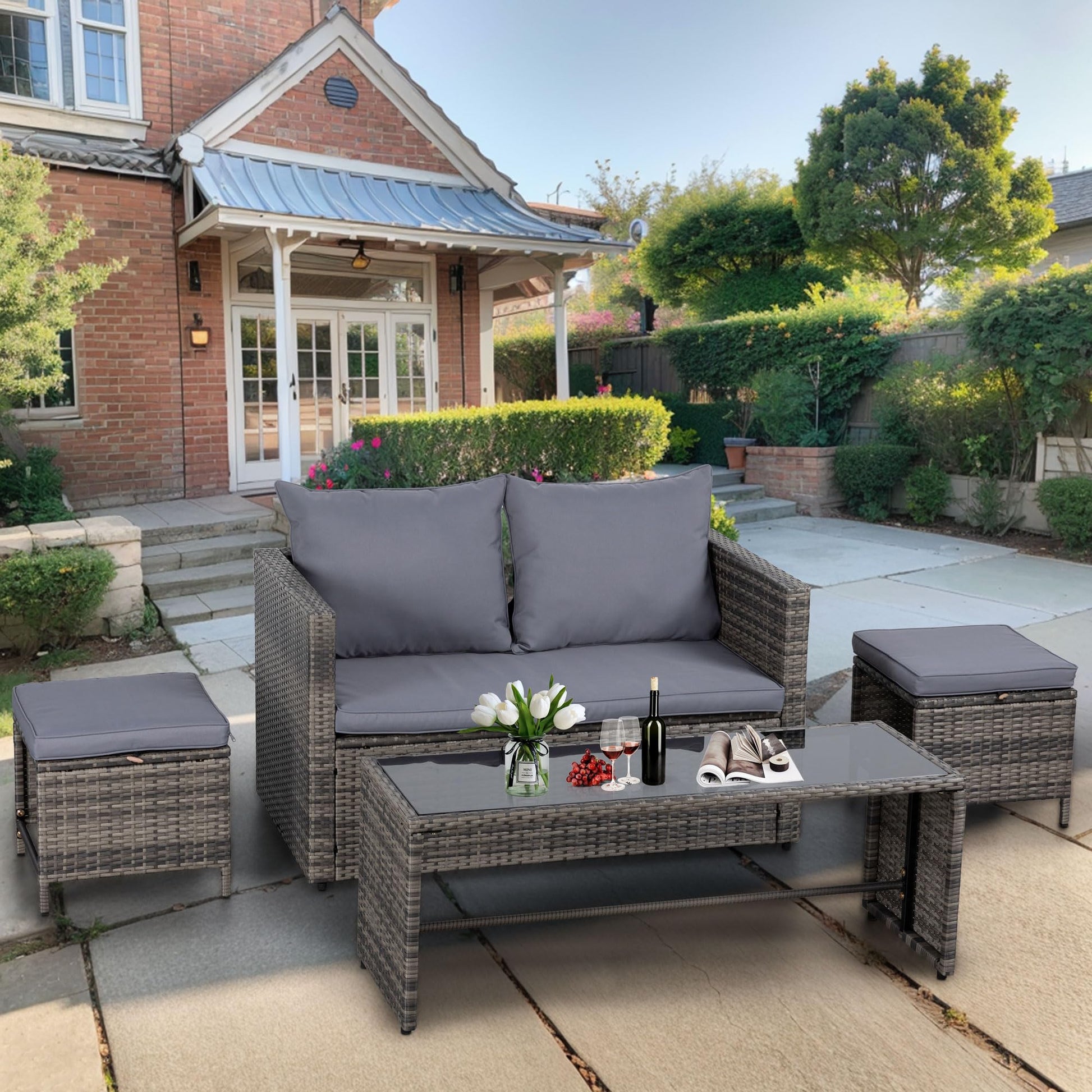 Shintenchi Patio Furniture 4 Pieces Wicker Patio Furniture Sets,Outdoor Wicker Conversation Set Rattan Sectional Sofa with Cushions&Coffee Table for Backyard Porch Garden Poolside Balcony,Gra - WoodArtSupply