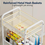 YASONIC 3 Tier Rolling Cart – Metal Utility Storage Cart with Wheels, Craft Carts Organizer with Hanging Cups, Hooks, Mesh Basket for Bedside Kitchen Office Art, White YASONIC