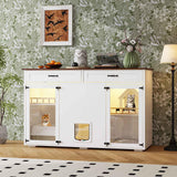 DAWNSPACES Enclosed Cat Litter Box Enclosure, Hidden Kitty Litter Furniture with 2 Large Drawers, 2 Glass Doors, LED Light and Cat Scratching Post DAWNSPACES