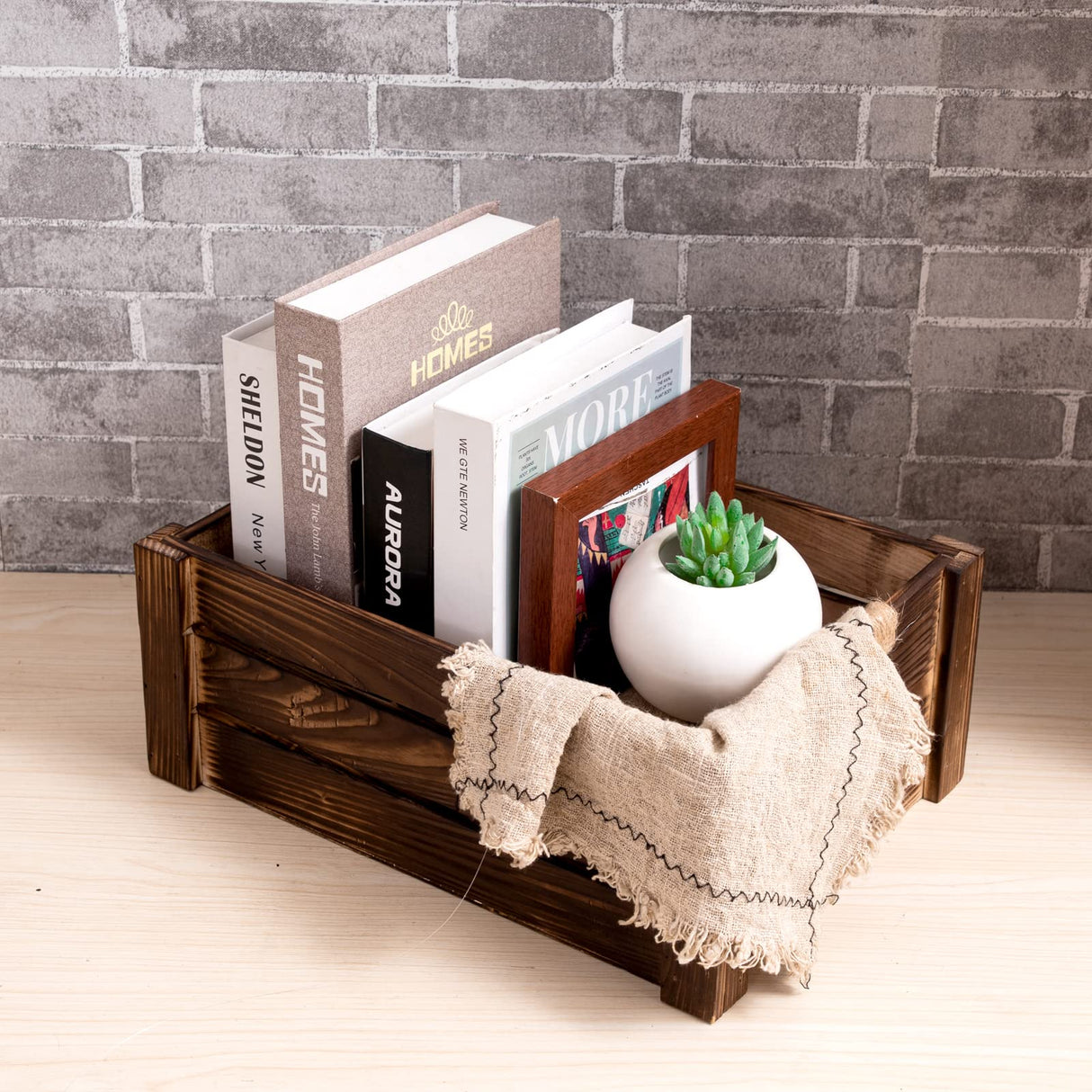 TIMRIS Set of 3 Rustic Wood Nesting Crates, Farmhouse Wooden Storage Container Boxes with Cutout Handles, Decorative Wooden Baskets for Display (Rustic Brown) TIMRIS