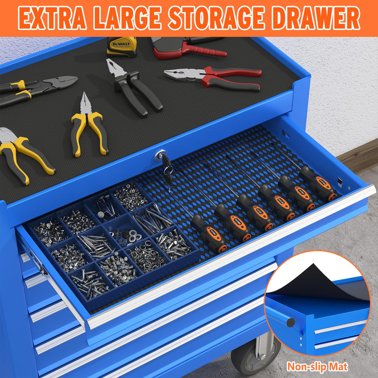 Cemostey 7 Drawers Tool Chest with Wheels, Metal Rolling Tool Box with Drawers, Large Capacity Tool Storage Cabinet with Keyed Locking, Tool Organizer Box for Garage, Workshop, Warehouse- Blue Cemostey