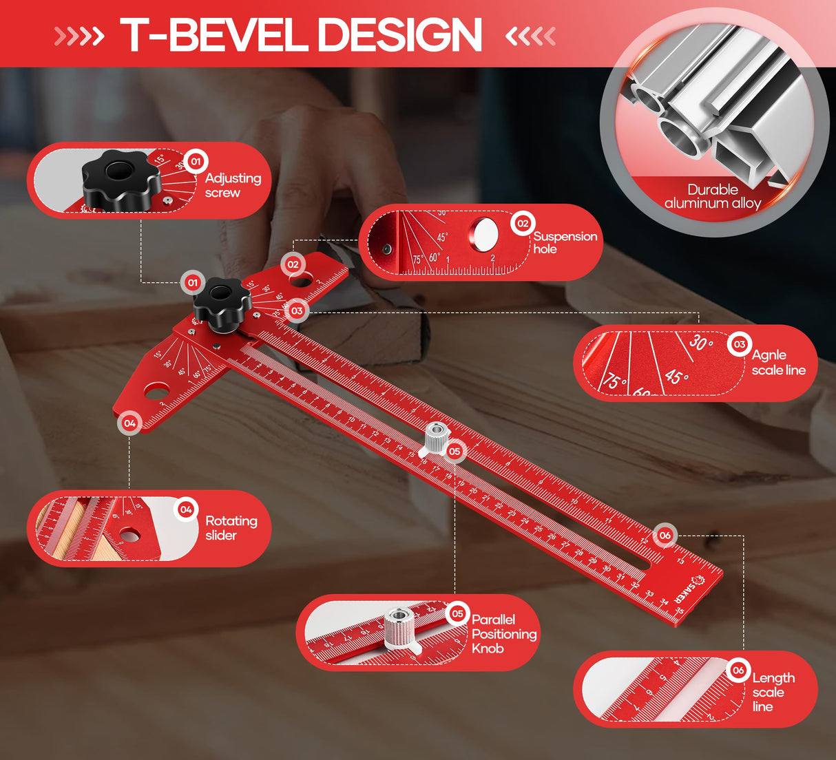 Saker Woodworking Scriber Marking Line Ruler, Adjustable Aluminum Alloy Sliding T-Square Ruler,Precision Line Drawing aid Ruler with Angle Adjustment Scale Saker