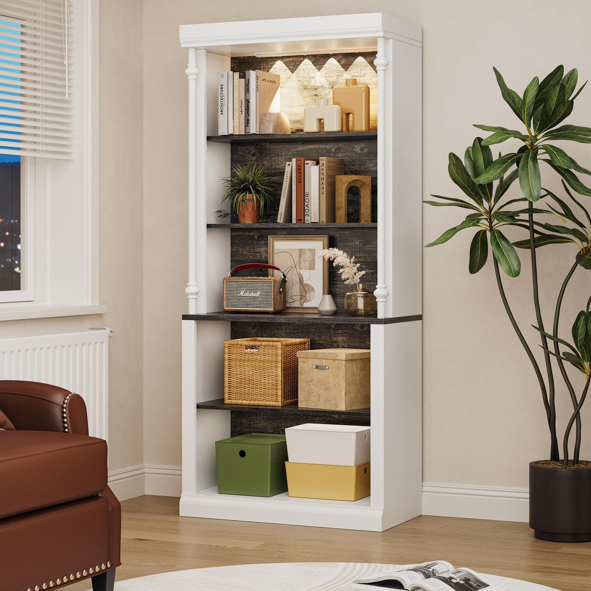 GAOMON 5-Tier Open Bookcase, Tall Roman Column Bookshelf with LED Lights, White & Black Wood Grain Adjustable Book Shelves, Freestanding Display Storage Organizer for Home Office, Living Room GAOMON