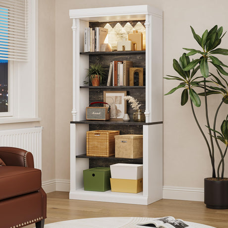 GAOMON 5-Tier Open Bookcase, Tall Roman Column Bookshelf with LED Lights, White & Black Wood Grain Adjustable Book Shelves, Freestanding Display Storage Organizer for Home Office, Living Room GAOMON