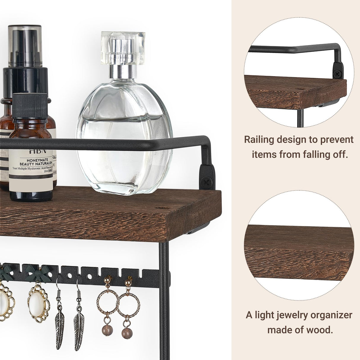 Mkono Hanging Jewelry Organizer Wall Mounted Jewelry Organizer Necklace Holder with Rustic Wood Shelf, Ring Display Box, Ear Studs Earring Holder Bracelet Organizer Mkono