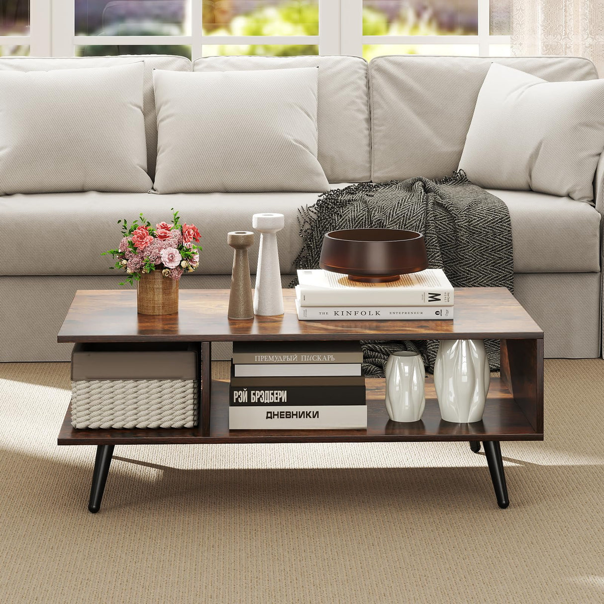 Giantex Coffee Table with Storage, Mid Century Modern Center Table for Living Room, Rectangle Tea Table with Open Storage Shelf & Floor-Anti-Scratching Tapered Metal Legs, Rustic Brown (Rustic Brown) Giantex