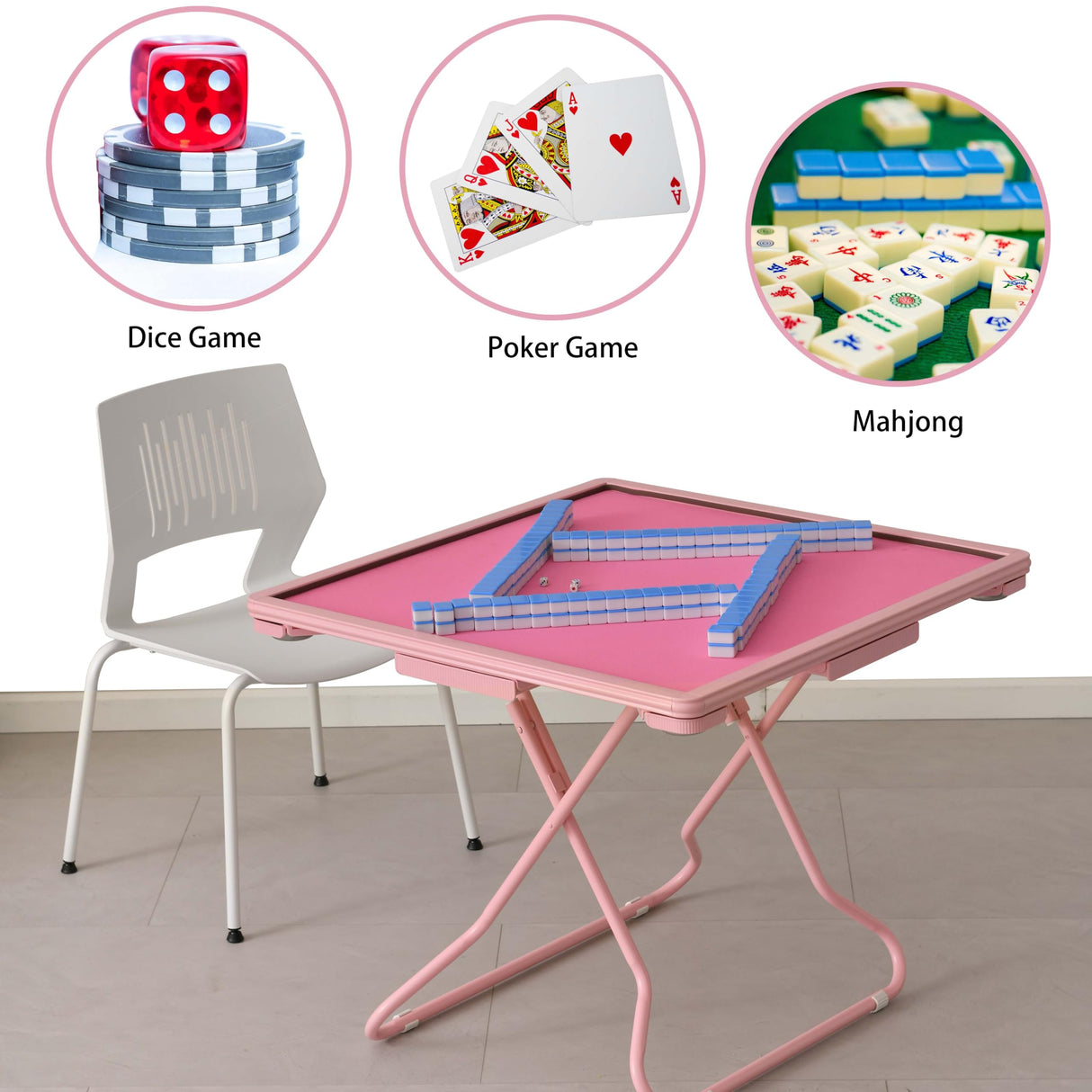 MJTABLE Pink Mahjong Table, 35" Square Game Table with Resistant Wood Tabletop, Portable Folding Card Table with 4 Drawers and 4 Cup Holders, Domino Table for Party, Game Nights, Gifts for Retirees MJTABLE