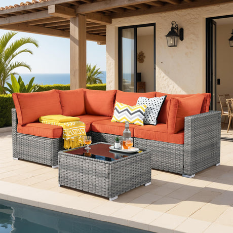 Weaxty 5 Pieces Patio Furniture Sets,Wicker Outdoor Sectional Sofa with Thicken Cushion and Rattan Coffee Table,Patio Conversation Couch Set for Porch, Balcony,Yard, Poolside,Orange Red weaxty W