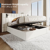 Jocisland King Size Upholstered Bed Frame with Widened Headboard,Lift-Up Storage Bed and Built-in Reading Light, Velvet Platform Frame, No Box Spring Required,Cream Jocisland