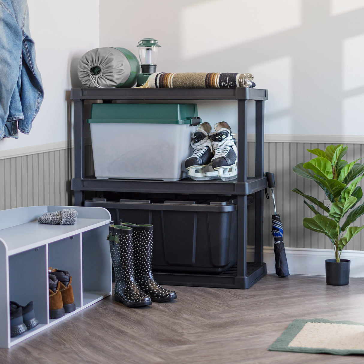 IRIS USA 3-Shelf Heavy Duty Plastic Storage Shelves, 450lb Capacity, 38"H x 36"W x 18"D, Large Modular Shelving Unit Storage Organizer for Garage, Home, Warehouse & Gym, Storage Rack - Black Iris Ohyama