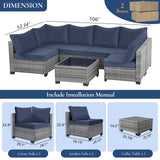 FHFO 7 Piece Outdoor Wicker Patio Furniture Set, Rattan Sectional Sofa Couch, Patio Conversation Set with Cushion & Coffee Table, for Backyard Poolside Porch Garden, Grey-Navy Blue FHFO