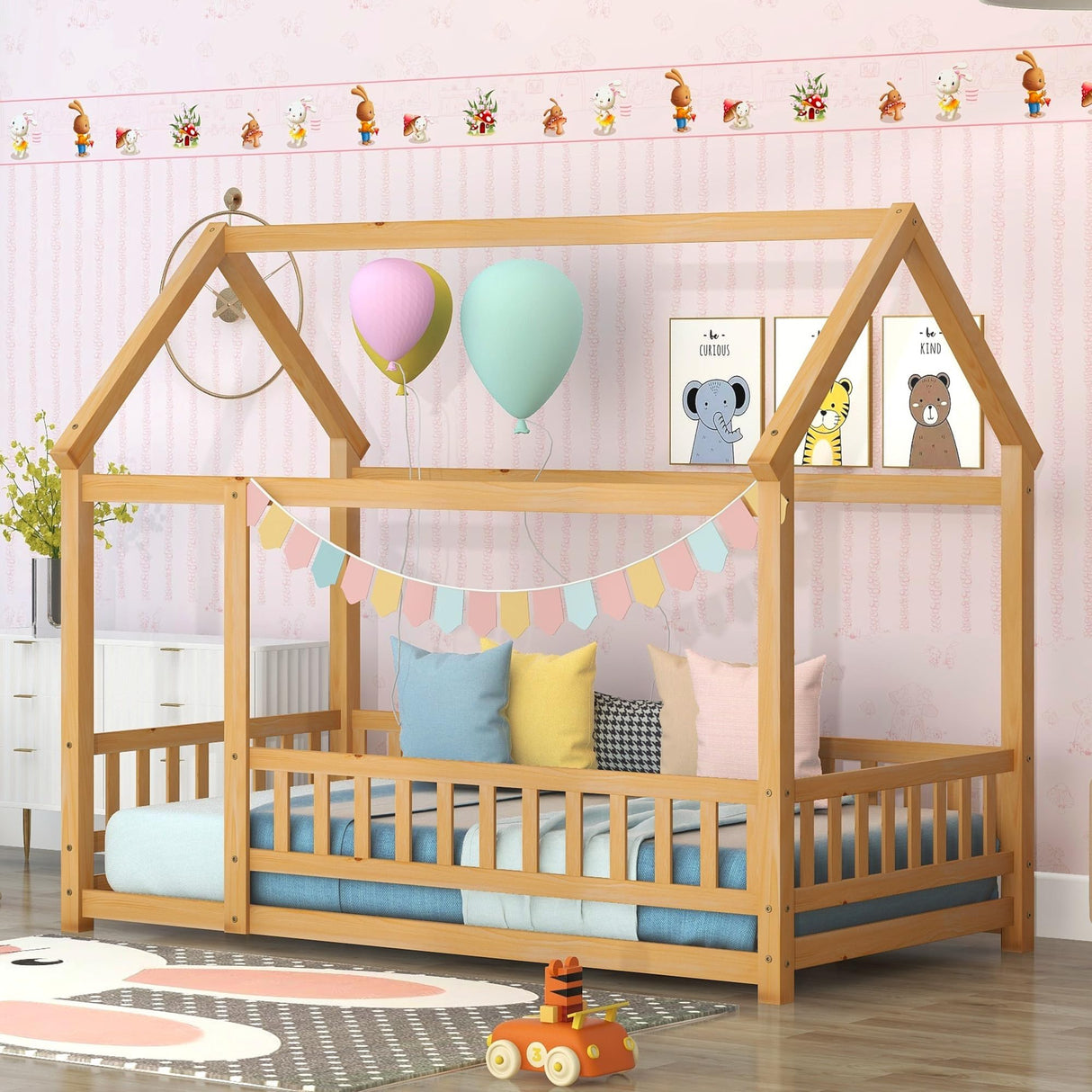 Bellemave Wooden Montessori Twin Size House Bed with Fence and Roof for Kids - Playhouse Frame in Natural Finish Bellemave