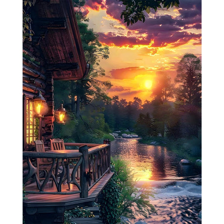Paint by Numbers Kit for Adults - Sunset Cabin Adult Paint by Number Kits on Canvas Without Frame for Beginner, Stream Landscape Oil Painting by Numbers Kit for Gift Home Wall Decor 16x20 Inch Camocin