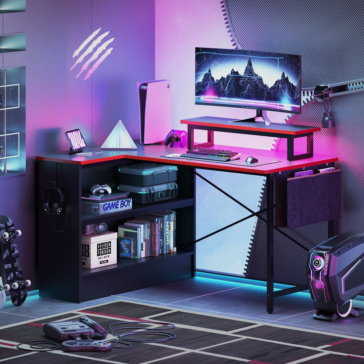 Bestier Small L Shaped Gaming Desk with LED Lights, 42 Inch Computer Desk with Monitor Stand, Open Storage Cabinet & Side Storage Bag, Corner Desk with Hooks for Bedroom Home Office Bestier