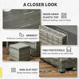 Outsunny 6 Piece Patio Dining Set, PE Rattan Furniture Set with 2 Chairs Cushions & Outdoor Loveseat Sofa, Woodgrain Slatted Dinner Table, Gray Outsunny