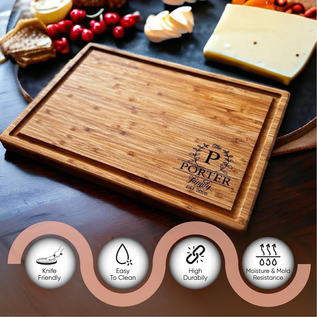 Handmade Personalized Cutting Board - Natural Bamboo Engraved Charcuterie Boards - Best Present for Wedding, Bridal Shower, Engagement, Birthday - Custom Engraved Chopping Block (Personalized) Taniri