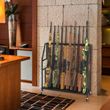 Gun Rack, Freestanding Floor Gun Stand with Metal Frame and Wheels, Wooden Adjustable Shotgun Rack Holds up to 10 Long Guns, Rifle Display Stand Storage Holder Indoor for Home Garage, Black HEOMU