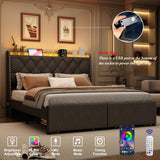 Queen Size Bed Frame with Storage Headboard and 2 Drawers, Upholstered Button Linen Platform Bed frame with Led Lights and Charging Station, No Box Spring Needed, Easy Assembly, Noise Free, Gray TIGUBFRE