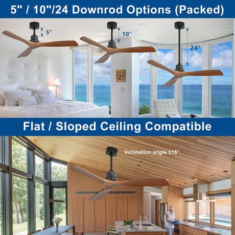 Sofucor Walnut Ceiling Fan, Solid Wood 3 Blade Ceiling Fans, Wood Ceiling Fan No Light, 52'' Ceiling Fan Without Light for Living Room & Covered Outdoor, Brown Sofucor