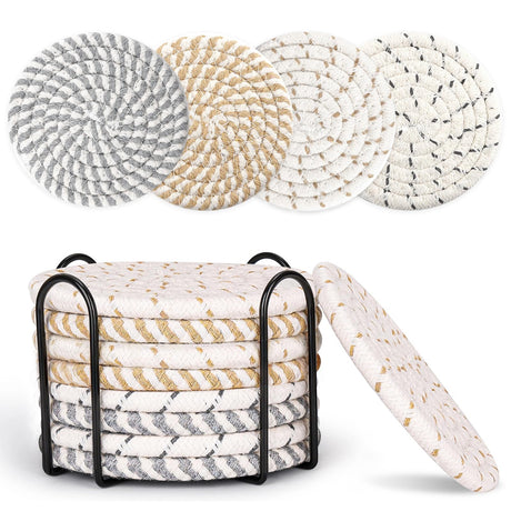 MeltsetM Coasters for Drinks Absorbent Woven Coaster Set with Holder Farmhouse Cute Cloth Fabric Cup Coasters for Coffee Table Office Desk, Handmade Boho Decor Tabletop Protection, 8 Pack Meltset M