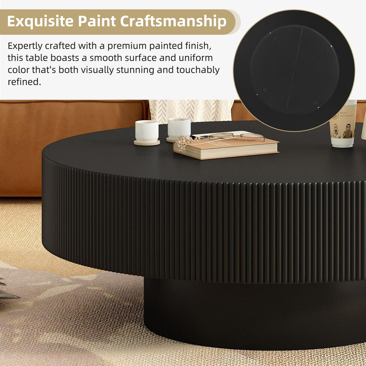 Merax Modern Round Coffee Table with Sturdy Base, Wood Center Tables for Living Room Reception Room, Easy Assemble, Black Merax